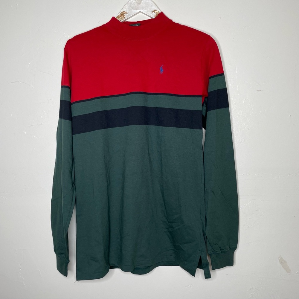 VINTAGE 90s POLO RALPH LAUREN GREEN COLOR BLOCK CREW NECK LONG SLEEVE SZ XL
